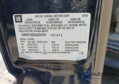 2004 Chevrolet Suburban 1500 Lt z USA, uszkodzony, nr VIN 1GNFK16Z94J234791